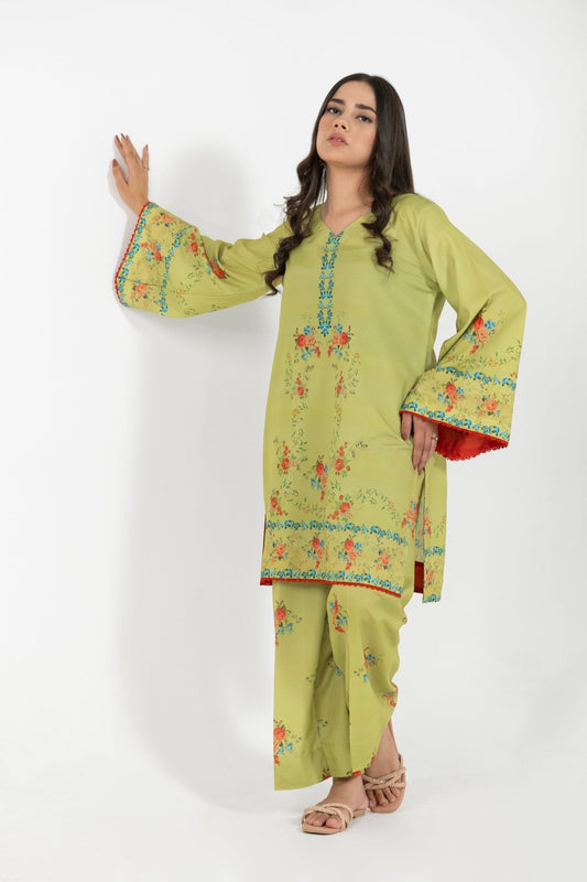 Olive short kameez with trousers digital print
